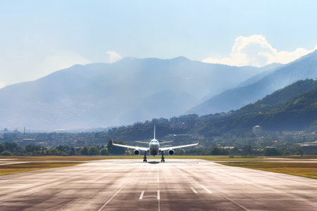 Airport runway and a passenger plane with mountains in the backgroundの素材