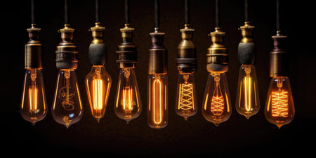 Edison style decorative light bulbs on dark backgroundの素材