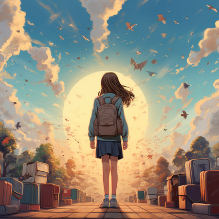 Girl with backpack on her way to schoolの素材