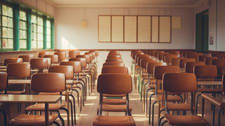 Empty classroom with vintage tone wooden chairsの素材