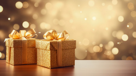christmas gifts on a table with out of focus backgroundの素材