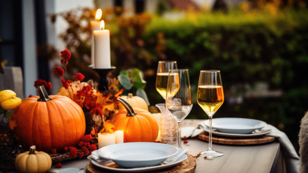 Outdoor Thanksgiving table with pumpkins and candlesの素材