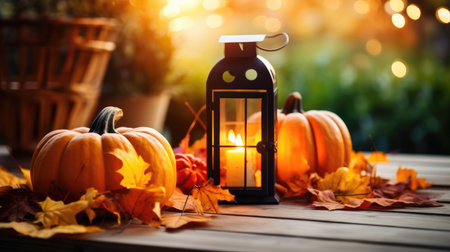 Outdoor Thanksgiving table with pumpkins and candlesの素材