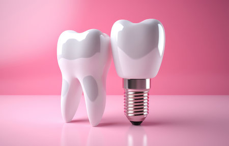 Dental implant and tooth on pink backgroundの素材