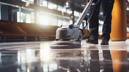 Worker polishing hard floor with polishing machineの素材