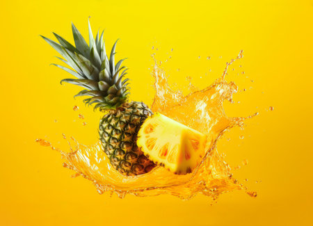 Falling pineapple splashing with pineapple juice, on yellow backgroundの素材