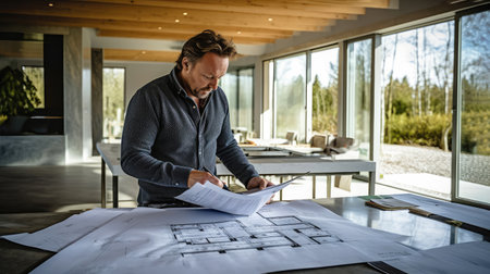 An architect reviewing plans to direct the construction of a houseの素材