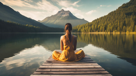 Woman meditating in a lakeの素材