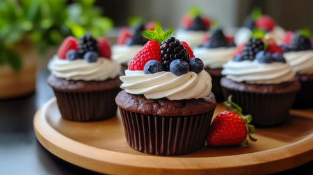Close up view of chocolate cupcakes with icing and fresh berriesの素材
