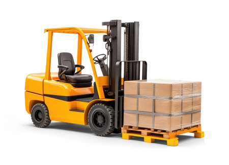 Forklift loading pallets with boxes isolated on white backgroundの素材