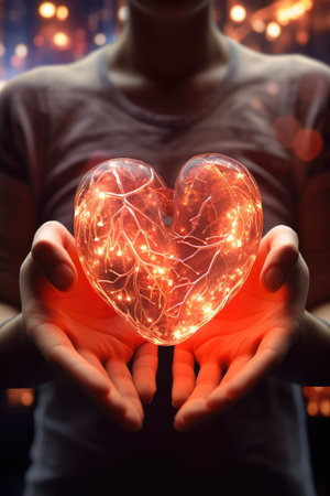 Human heart glowing in the hands of a personの素材