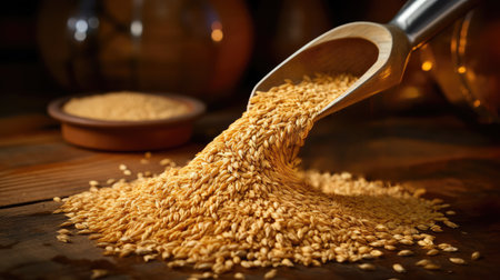 Beer malt grains being poured with a spoonの素材