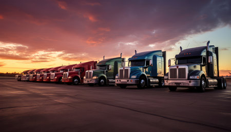 Row of parked trucks at sunsetの素材