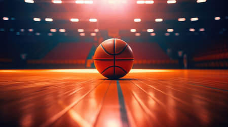 Closeup of a basketball on the courtの素材