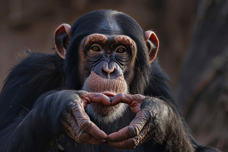 Chimpanzee forming a heart with his handsの素材