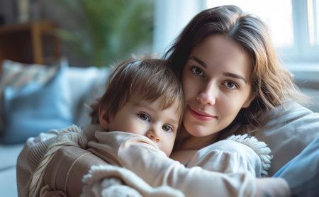 A mother and her son on the couch at homeの素材