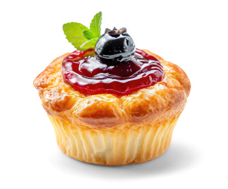 Viennese muffin cake with jam and berry isolated on white backgroundの素材