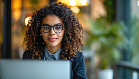 Business woman in front of laptop with copy spaceの素材