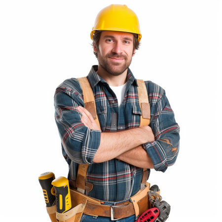 Confident carpenter isolated on white backgroundの素材