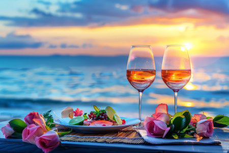 Romantic sunset dinner on the beachの素材