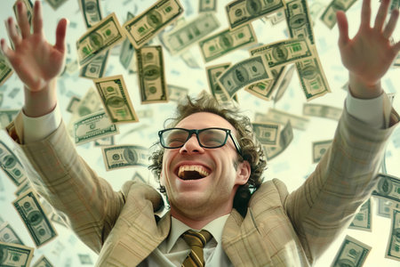 Happy person with hands raised and surrounded by bills of moneyの素材