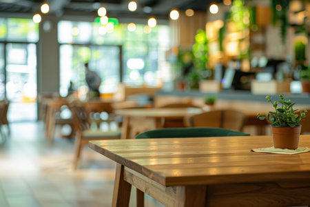 Wooden table with space for products on a background of a restaurantの素材