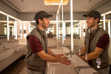 Young man is washing his hands in a modern and clean public restroom, taking care of his hygiene