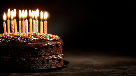 Chocolate birthday cake with lit candles and sprinkles, creating a festive atmosphereの素材
