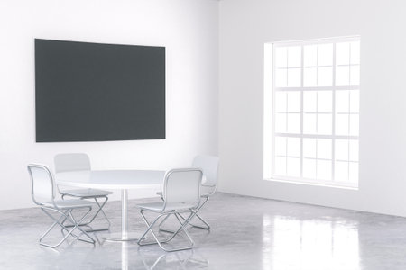 Big black poster in white interior whith table and chair on concrete floor, 3d renderの写真素材