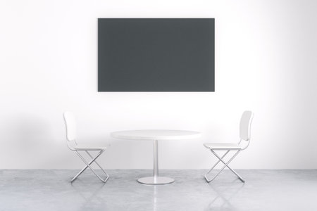 Black poster in white interior with table and chair. Mock up. 3D Renderの写真素材