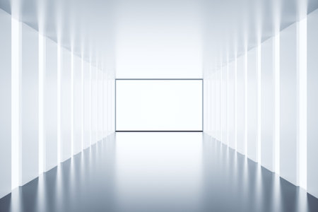 Empty room with white walls, grey floor and big windows, 3D renderの写真素材