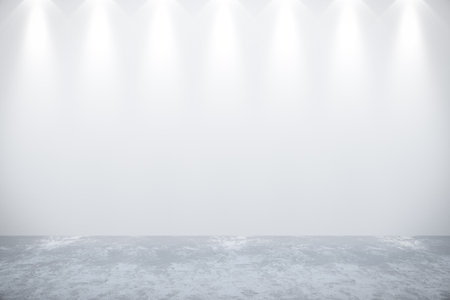 Empty white wall in room illuminated by ceiling lamps with concrete floor. Mock upの写真素材