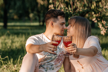young happy couple in the park holding glasses with juice in their handsの写真素材
