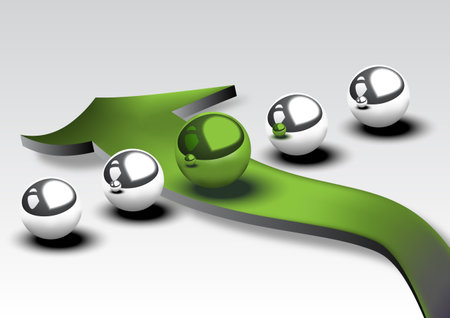 Five metallic spheres with green arrowのイラスト素材
