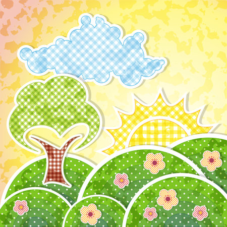 Landscape with dawn hills, flowers and treeのイラスト素材