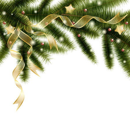 Decorative Christmas tree branch with golden ribbons and starsのイラスト素材