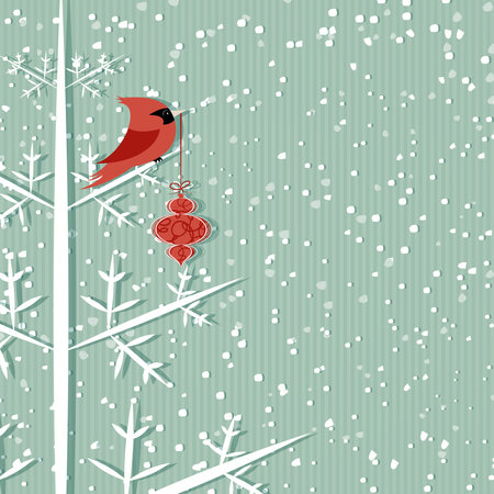 Winter background with red cardinal holding christmas decorationのイラスト素材