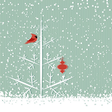 Winter background with red cardinal, christmas tree and decorationのイラスト素材