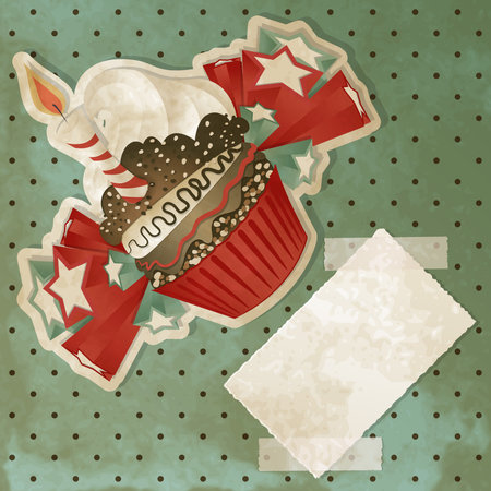 Vintage birthday card with funny cupcake and copy spaceのイラスト素材