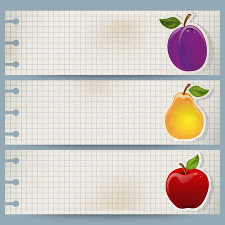 Set of three vintage fruit banners made of squared paperのイラスト素材