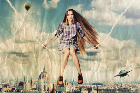 pretty woman on a sky in budapest, hungryの写真素材