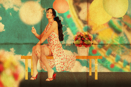 retro postcard with beauty young woman, vintage textureの写真素材