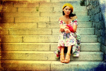 beauty young woman in pretty dress, vintage textureの写真素材
