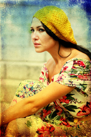 beauty young woman in pretty dress, vintage textureの写真素材