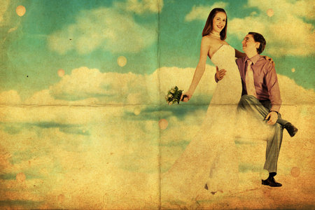 wedding in the sky, vintage art collageの写真素材