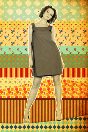 desaturated beauty young woman in dress, with vintage backgroundの写真素材