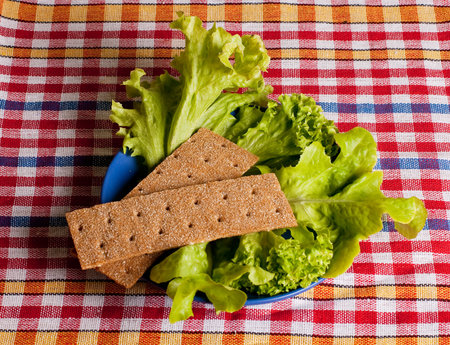 fresh healthy food - bread and salad on tablecloth