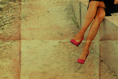 Conceptual photo of pink working woman, vintage patternの写真素材