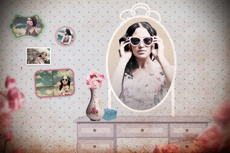 vintage collagw in room with mirror, art textureの写真素材