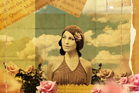 vintage collage with beauty young woman in roses, retro patternの写真素材